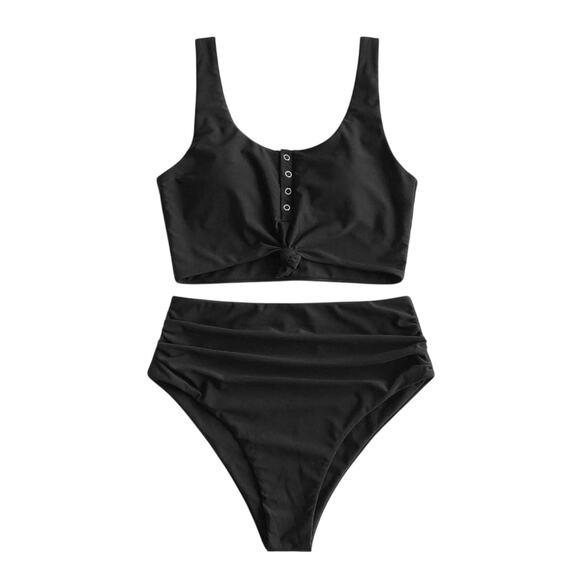 Zaful Black 2 Piece High Waist Swimsuit Bikini NWT Woman Size Medium Snap Front - Picture 7 of 11
